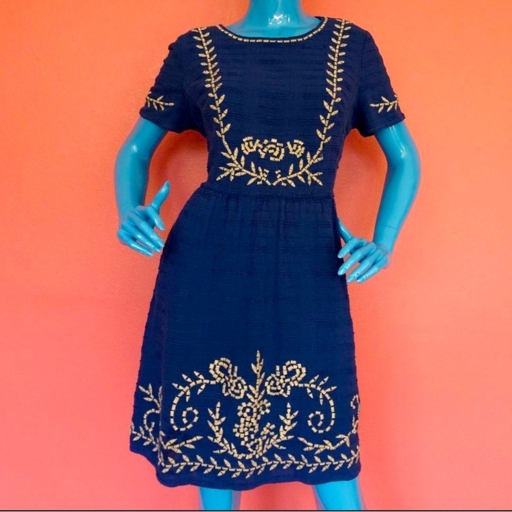 Lucky Brand Navy Blue Embroidered Dress | Size Small